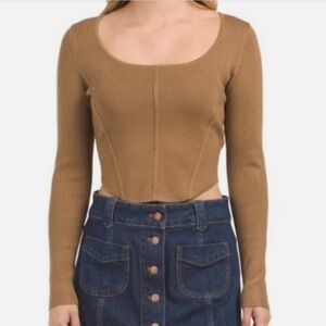 NWT ($158USD) HOUSE OF HARLOW 1960 Brown Bone Scoop Neck Long Sleeve Crop Top